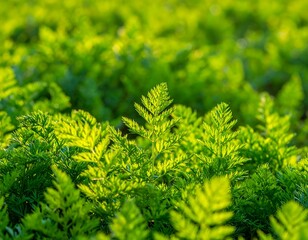 Close-up of a vibrant green field of fern-like plants