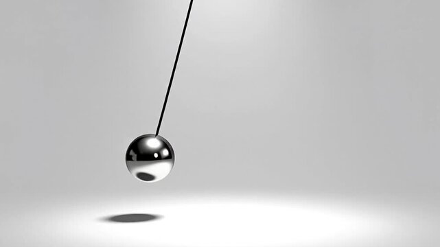 Shiny metal sphere swinging pendulum overhead shot isolated on white