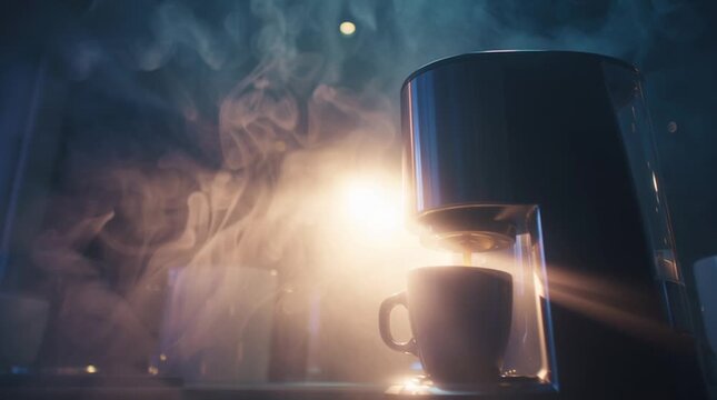 A steaming coffee brewer ready to pour a fresh cup of coffee in a cozy atmosphere.