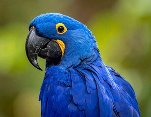 Close-up of a stunning blue parrot with yellow accents and a black beak