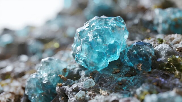 Close-up of translucent blue crystals on a rocky surface