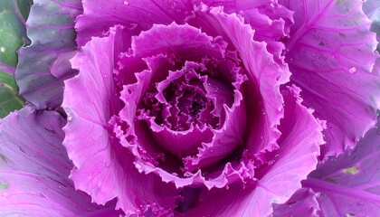 Close-up of a vibrant purple ornamental cabbage flower, water drops visible