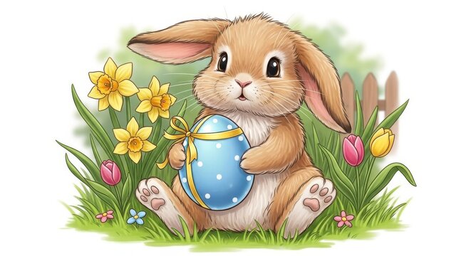 Charming easter bunny illustration holding decorated egg in a floral springtime garden scene - Powered by Adobe