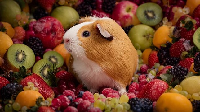 A cute guinea pig surrounded by a colorful assortment of fresh fruits.