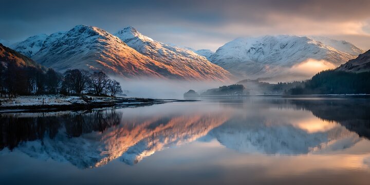 Breathtaking snow-capped mountains reflecting in a tranquil lake at sunrise, with a serene foggy atmosphere creating an idyllic landscape