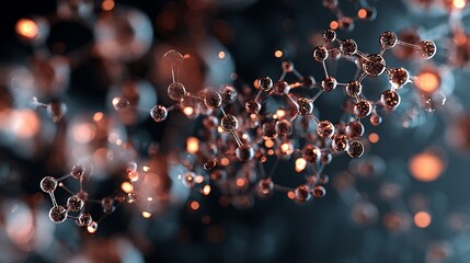 Stunning atom structure with interconnected spheres for science, medicine, and innovative research projects with futuristic vibe and vibrant warm light