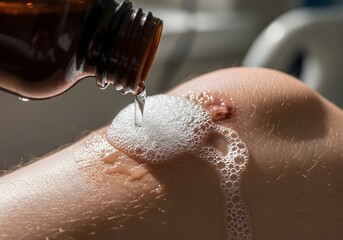 Fototapeta premium Close-up photo showing hydrogen peroxide being poured on a knee wound, creating foam during disinfection, symbolizing medical hygiene, first aid, and wound cleaning process.