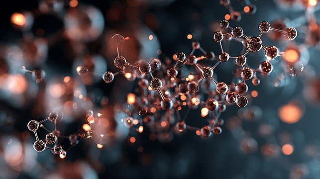 Stunning atom structure with interconnected spheres for science, medicine, and innovative research projects with futuristic vibe and vibrant warm light