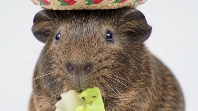 Cute Guinea Pig Wearing Sombrero Eating Lettuce.