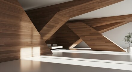 Fototapeta premium Minimalist interior space featuring abstract wooden geometric shapes forming walls and ceilings, illuminated by natural light casting sharp shadows