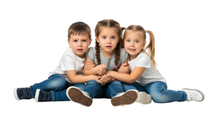 Three young children, two girls and a boy, sitting close together and looking at the camera with serious expressions