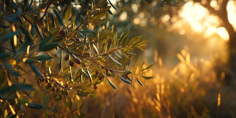 Golden hour bathes vibrant olive branch with Mediterranean sunlight, creating warm inviting scene perfect for food, travel, and lifestyle projects