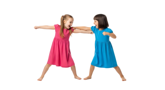 Two young girls playfully mock fighting each other, showcasing sibling rivalry and childhood antics with determination