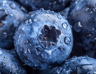 Close-up of dewy, plump blueberries. Dark blue hues and water droplets