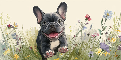 Joyful French Bulldog puppy runs through vibrant meadow filled with colorful wildflowers, exuding happiness and energy