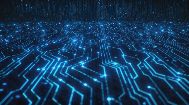 Futuristic circuit board with glowing blue lines and digital patterns for technology themes.