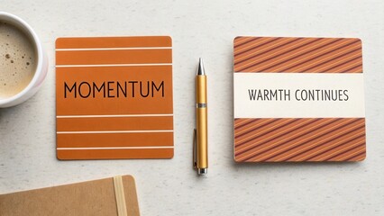 Motivational cards representing growth and positivity with coffee, pen, and notebook on a light background for inspiration