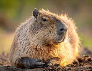 Capybara resting in sunlit mud