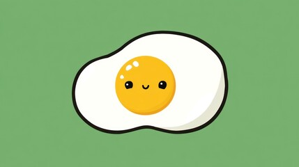 A cartoon sunny-side-up egg with a smiling face on a soft green background