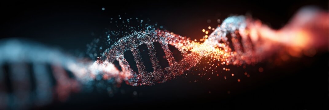 Digital artwork displays vibrant DNA strands intertwined with bursts of color, emphasizing molecular structures and scientific beauty in a dynamic setting.