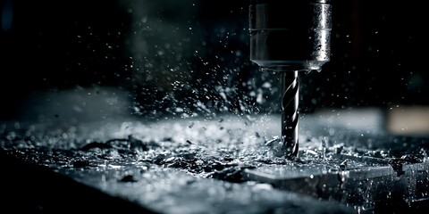 Precision drilling in progress with metal shavings flying creates a powerful visual for industrial engineering or manufacturing concepts and high tech production