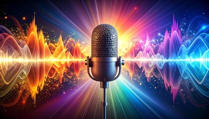 A realistic microphone is centered, with sound waves radiating outwards. Vibrant colors and energy are depicted