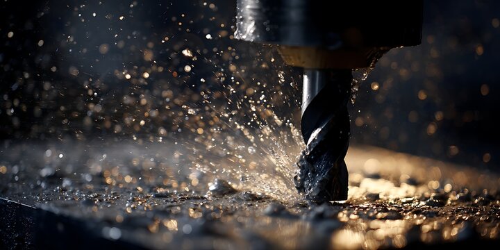 Precision drilling with coolant creates a stunning display of motion and light, ideal for manufacturing and engineering concepts with a dynamic feel