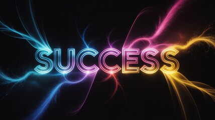 Illuminated Text of Success Against Dark Background with Colorful Light Effects
