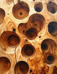 Close-up of intricately carved wood with varying size circular openings