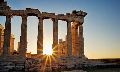 Ancient Greek Temple Ruins at Cape Sounion with Sunburst Through Columns temple of poseidon - Powered by Adobe