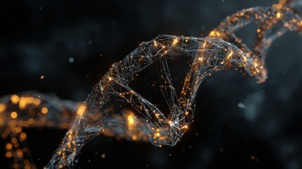 Dynamic representation of a molecular chain with luminous particles, showcasing detailed elements of DNA structure in a dark setting for scientific exploration.