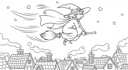 Young witch flying on broomstick over a village at night