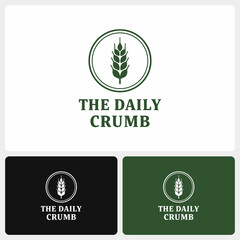 The Daily Crumb logo featuring a wheat stalk inside a circle, presented in white, black, and green variations.