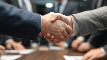 Strategic partnership handshake signifies deal closing in a professional setting, symbolizing collaboration, trust, and success for investors and entrepreneurs