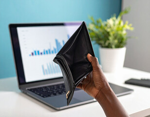 Hand holding an empty wallet on a laptop screen background with a decreasing financial chart. The concept of financial loss.