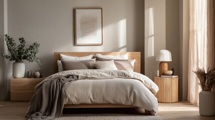 Fototapeta premium order. Minimalist bedroom featuring neutral tones, clean lines, and soft diffused natural ambient light. lifestyle magazines, social media lookbooks, designed for influencer and brand collaborations.