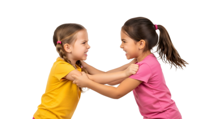Two young girls playfully wrestling and pulling each other's clothes in a lighthearted dispute, isolated on white
