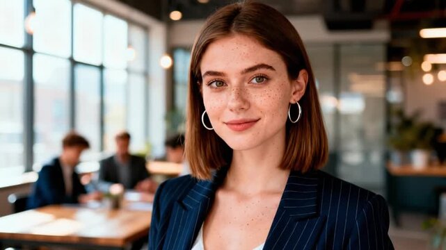 Confident Caucasian businesswoman with tablet in office