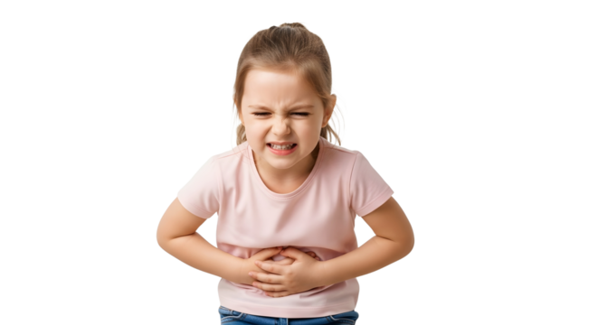 Young girl clutching stomach in pain, indicating discomfort or illness
