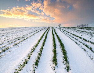 A scenic view of a field covered in snow, with rows of green vegetation peeking through the white blanket under a cloudy sky