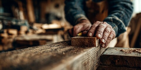 Artisan shaping wood with expert hands in rustic workshop, crafting timeless pieces with care and precision, ideal for woodworking designs