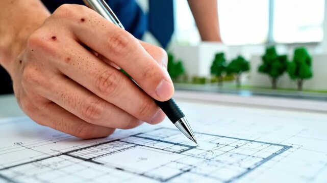 Caucasian architect working on building plans