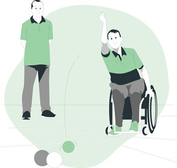 Men playing bocce ball with balls on court one in a wheelchair sport game