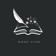 Open book with quill pen and sparkling stars on dark background