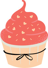 Hand drawn illustration of a pink frosted cupcake with a bow