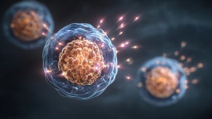 Dynamic representation of several cells displaying nuclei and energetic particles interacting in a high-resolution, colorful depiction of microscopic life.