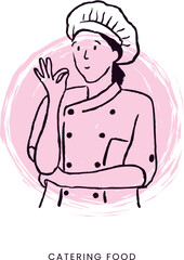 Chef in uniform tasting food with pink watercolor splash