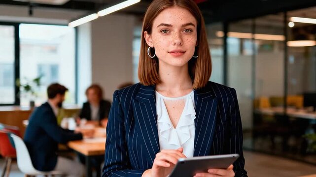 Confident Caucasian businesswoman with tablet in office
