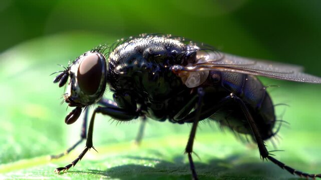 A detailed close-up shot of a common housefly resting on a vibrant green leaf, showcasing its intricate compound eyes and hairy body in sharp focus under natural light.