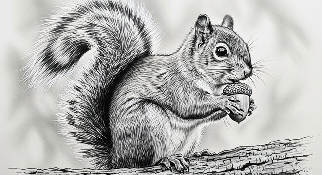 Detailed black and white sketch of a squirrel holding a nut on a branch